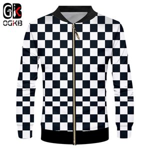 OGKB Men's Casual Jacket Long Sleeve Stand Collar Zipper Jackets Printed Black White Grid 3D Coats Man Fit Slim Fitness Overcoat 201127