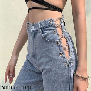 Tamponcrop 2020 Seksi Bağlantı Zinciri Erkek Arkadaş Kotu Kadınlar İçi Boş Dışarı Yüksek Bel Kot Femme Kot Gevşek Bayanlar Pantolon Vintage Jean LJ201013