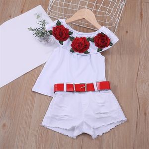 2 6Y Abbigliamento per bambini per bambini Set di vestiti per ragazza Moda estiva con spalle scoperte 3D Fiore di rose in cotone Top Gonna Outfit Set 220620