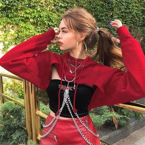 Kadınlar T-Shirt Gotik Punk Toka Zinciri Kısa Külkü Siyah Kırmızı Hoodies Kadın Gevşek Kapüşonlu Sweatshirt Kadın Kırpılmış Üstler Kapşonlu Kazak Çakmak