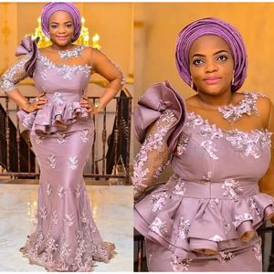 2022 Vintage Aso Ebi Mor Mother of Bride Dresses Jewel Neck Illusion 3d Floral Lace Applicques golvlängd sjöjungfru peplum bröllop gästklänningar tre kvart ärmar