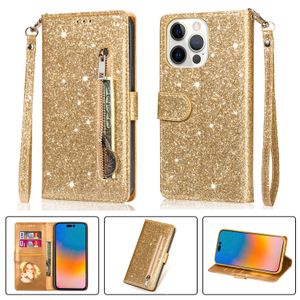 Glitter Leather Zipper Wallet Flip Cases Photo Frame Card Slot TPU Cover Free Strap For iPhone 14 13 12 11 Pro Max XR XS X 8 Plus Samsung S20 FE S21 S22 Ultra