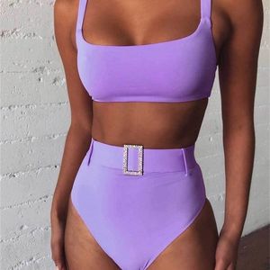 High Waist Bikini Solid Purple Leg Belt Luxury Swimsuit sexy Bathing Suit Push Up Two Piece Swimwear Ropa Mujer 220616