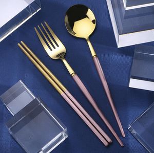 旅行用品ステンレススチールポータブルキャンプディナーウェアセット再利用可能な平らな銀製品フォークスプーン箸とケース