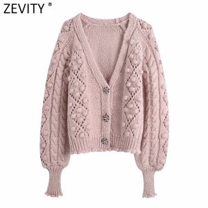 Zevity New Women V Neck Colorful Diamond Buttons Casual Knitting Sweater Femme Chic Ball Applicques Hollow Out Cardigan Tops S601 210204