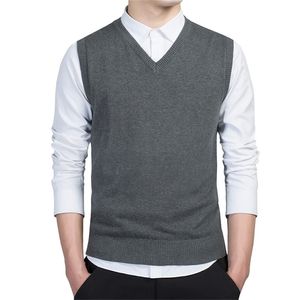 100% bomullströja män Autumn Warm Mens Sweaters Classic Pure Color V-ring är ärmlös väst Pull Homme Winter Men's Clothing 3XL 201203
