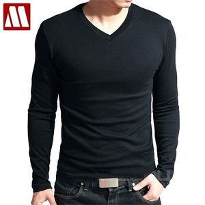 Весенние высокоэластичные хлопковые футболки мужской V шеи узкая футболка мужская с длинным рукавом Фитнес футболки ASIA Размер S-5XL 220325