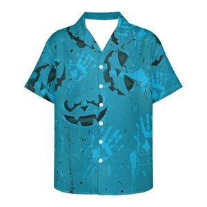 Men's Casual Shirts Blue Men's Short Sleeve V Neck Shirt Halloween Fear Black Bat Print Summer Men Clothing Loose Leisure ShirtMen's