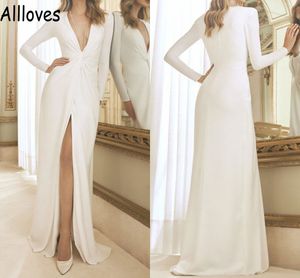 V Neck Simple Satin Wedding Gowns With Long Sleeves Floor Length Boho Garden Stylish Bridal Dress Sexy Split Front Modest Fashion Robes de Mariee Solid CL0468