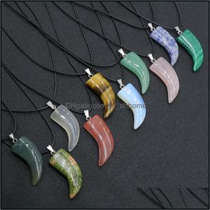 Pendant Necklaces Pendants Jewelry Natural Stone Gem Carved Ox Horn Shape Rose Quartz Crystal Jade Onyx Necklace H Dhyii