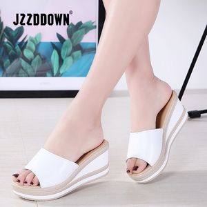 JZZDDOWN genuine leather Summer women slippers Open Toe flip flops sandal Wedges Slippers black white slides sandals Y200423