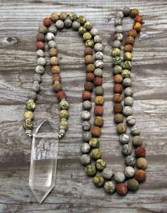 Halsketten mit Anhänger Natürliche Quarzspitze Kambaba Jaspis Picasso MaBeads geknotete handgefertigte Perlen HalsketteAnhänger AnhängerAnhänger