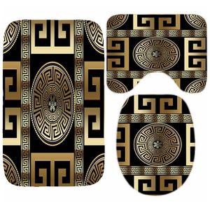 Luxury Black Gold Greek Key Meander Border Bath Rug Set Modern Geometric Ornate Bathroom Door Mat for Toilet Floor Carpet Decor 220401