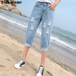 Löst jeans capris kvinnliga sommarkvinnor stretch knä längd denim byxor kvinnor med hög midja plus storlek jean för kvinna 210608