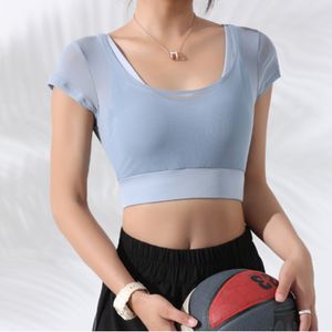 2024 lu lu lemon Summer dew yoga clothes short sleeve fitness sports running net sweat-absorbing fake two-piece all-in-one underwear bra fitness clothes