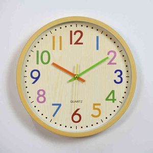 12 inch Bamboo Wooden Plastic Wall Clock for Kids Rooms Vintage Colorful Number Quartz Hanging Watch Bedroom Living Room Decor G220422