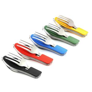 4 in 1 Set da tavola forchetta cucchiaio da esterno Forniture da cucina da campeggio Kit tasca pieghevole in acciaio inossidabile Picnic domestico Escursionismo Strumenti da viaggio