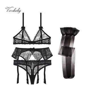 Varsbaby arrival sexy lace transparent unlined deep V underwear set bra+thongs+garters+stockings 4 pcs 220513