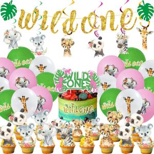 Decorazione per feste Rosa WILD ONE Ragazze Palloncini per 1 ° compleanno Set Animali della giungla Banner Cake Toppers FornitureFesta