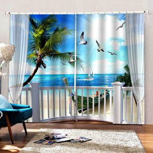 High quality black silk material curtain beach seascape cortina blackout for bedroom Living Room Windows darken the room