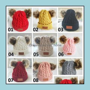 Cappelli di lana lavorati a maglia per bambini Pon pon in pelliccia sintetica Berretti all'uncinetto Inverno caldo infantile Bambini Ragazzi Ragazze Berretto Accessori per capelli 9 colori Drop Deli
