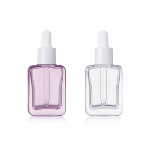 Transparent Purple Flat Square Glass Dropper Bottles Essence Sub-bottling Essential Oil Perfume Bottle 30ml 1oz