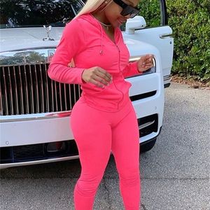 Kliou Autumn Women Hooded Zipper Pocket Long Sleeve Tops Sporty Leggings Matching Set Workout Bodycon Casual Stretchy Outfit 220801