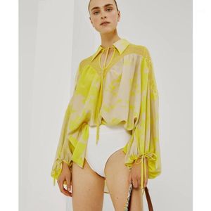 Women's Blouses & Shirts Summer Sexy Women Chiffon Elegant Yellow Turn-down Collar See-through Long Sleeve Top Shirt Fashion Lace