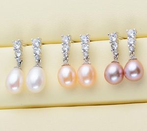S925 Silver 3 Zircon Ear Studs Dingle Chandelier Natural Freshwater Pearl Earrings White Purple Pink Lady/Girl Fashion Jewelry