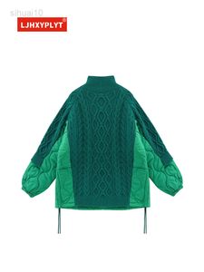 녹색 가짜 두 조각 스티치 터틀넥 스웨터 여자 가을 겨울 새로운 디자인 드로우 스트링 긴 소매면 의류 여성 L220725