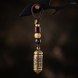 Keychains Lucky Hangings Brass Vintage Leather Bag Lanyard Tibetan Buddhism Chinese Sutra Bottle Car Key Chain Pendants Jewelry Miri22