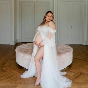 Pearl Tulle Maternity Wraps Dresses For Photography Front Split Long Sleeve Women Photoshoot Outfit Maxi Gown Pregnancy Long Dress