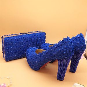 Wholesale royal blue high heels wedding shoes resale online - Love Moments Royal Blue Flower Beads Wedding Shoes With Matching Bags Galosh Para Dress Woman High Heels Platform186h