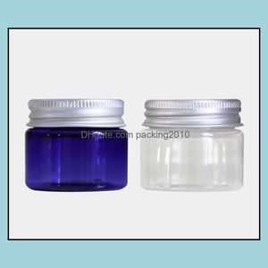 30g Clear Blue Plastic Cream Jar 30ml Pequeno garrafa de estima￧￣o vazia com tampa de parafuso de alum￭nio Droga de embalagem cosm￩tica 2021 garrafas de embalagem