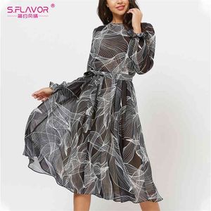 S Flavor Women Печать шифоновое платье Spring Fashion Flare Eleve O Sece A Line Vestidos Elegant Women Midi Summer Dress 210322