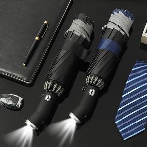 Kvinnors Paraply Man Man Starkt Automatisk Folding Inverterat Paraply Med LED Flashlight Reflekterande Rain Sun Reverse Paraply 210320