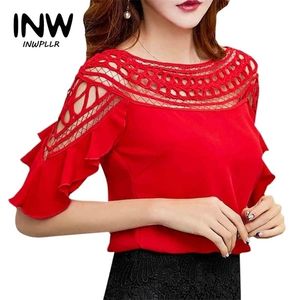 Sommar Blusskjorta Hollow Lace Patchwork Toppar Ladies Fashion Short Sleeve Chiffon Blouse Plus Size Blusa Feminina 220402