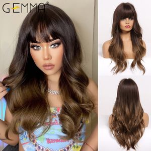 Gemma Long Water Wavy Synthetic Wigs with Bangs Ombre Dark Brown Cosplay Hair for Women African Heat Resistant Fiber 220331