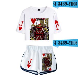 Herr t-shirts klassiska speciella jqk poker dew navel sport flickor kort ärm träning vackra sexiga två stycken set 3d shorts byxmän