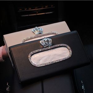 Fashion Crown Crystal Car Tissue Box Sun Visor Leather Auto Bag Sunvisor Hanging Holder Case servett för tillbehör 220523