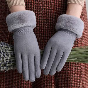 Five Fingers Gloves Winter Female Cashmere Warm Suede Leather Cycling Mittens Double Thick Velvet Plush Wrist Women Touch Screen Driving