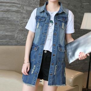 Kamizelki damskie Monbeeph Blue Jean Vest Woman Femme Denim Gilet Colete Feminino Long Style Sleepless Kurtka Luci22