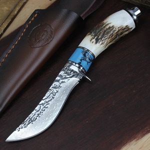 Ny R7106 Damascus Survival Straight Hunting Knife Damascuss Steel Drop Point Blade Horn Huvudhandtag Fasta blad Knivar med läderhölje