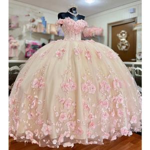 Klänningar rosa quinceanera älskling boll vestidos de anos mode d blomma tyll söt prinsessan fest klänning