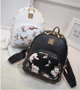 Designer moda flor borboleta impressão mulheres bolsa de couro de escola rebite meninas bolsa mini mochila de viagem