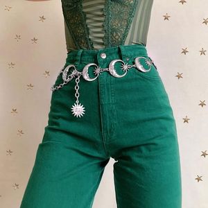 Cintos da moda punk Moon Sun Metal Belt Women Women Vintage High Chaist Chant Chain Gothic Sliver Pingente Feminino Cintos de presente