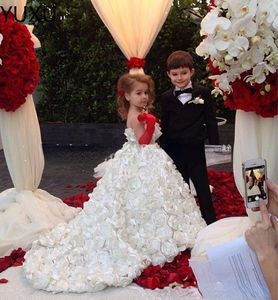 2023 piękny 3D kwiecista aplikacja kwiatowe sukienki dla dziewczynek krzyżowe paski Backless komunia sukienki na przyjęcie Puffy Tulle suknia balowa urodzinowa dziewczyny sukienka na konkurs piękności