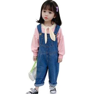 Toddler bebek tulum pantolon pantolon cep bebek kot tulum gündelik kız çocuk kot pantolon toddler kıyafetleri 1-3 yıl 210412