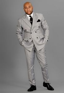 Fashion Light Grey Mens Wedding Tuxedos Double-Breasted Groom Groomsmen Tuxedos Popular Man Blazers Jacket Excellent 2 Piece Suit(Jacket+Pants+Tie) 08
