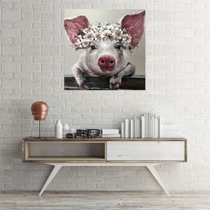 Druckt Bilder Home Decor 1 Stück Borste Schwein Tragen Kranz Leinwand Borste Mit Blumenkrone Malerei Badezimmer Wand Kunst Poster t200608